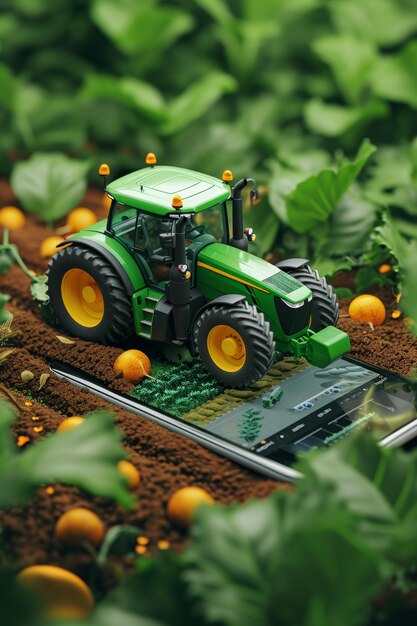 Un trattore agricolo si trova su uno smartphone intorno a un impianto Il concetto di gestione agricola illustrazione 3d