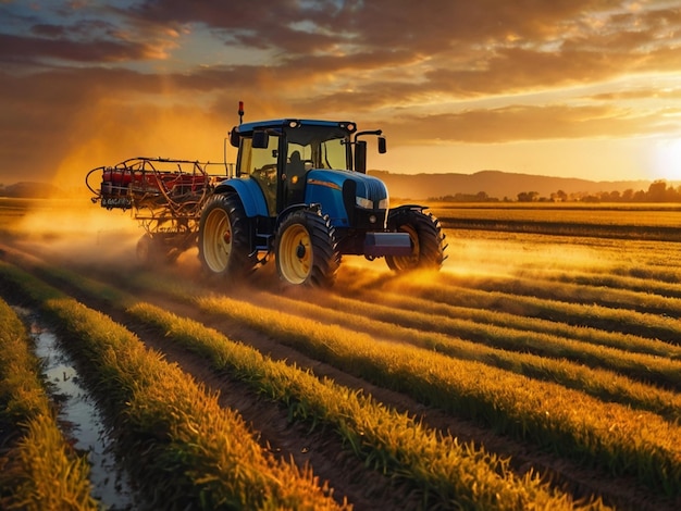 un trattore blu sta guidando attraverso un campo di grano