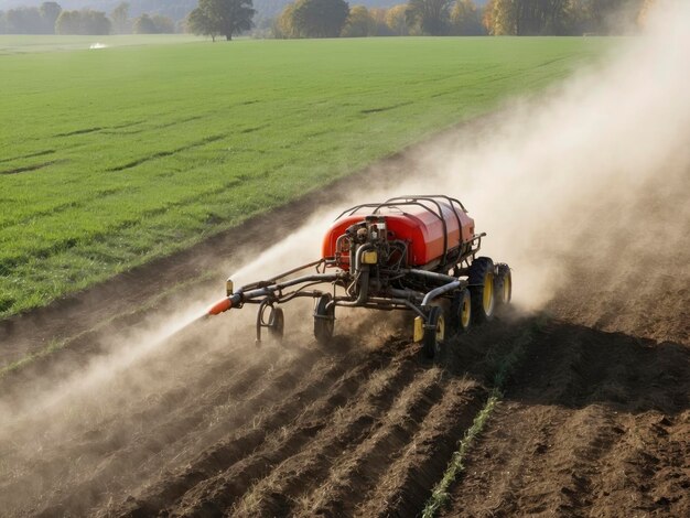 un trattore che irrora un campo con un'irroratrice sul lato