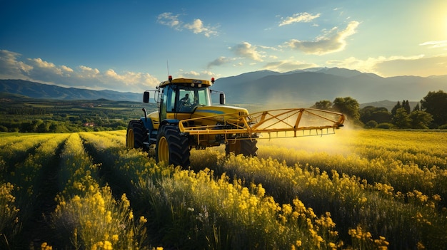 Un trattore che spruzza pesticida su un campo