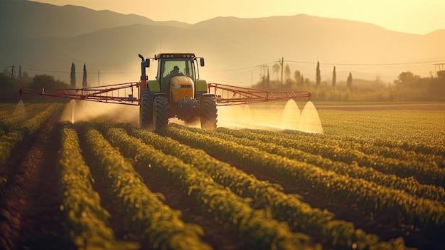 Un trattore che spruzza pesticidi su una piantagione di soia verde a Sunset