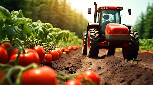 un trattore in un campo con pomodori