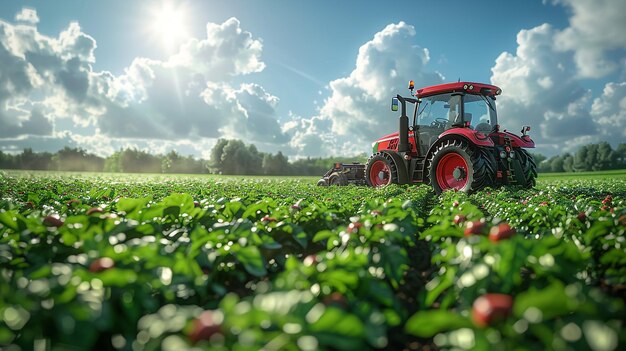 un trattore rosso è su un campo di patate ed è mostrato sullo sfondo