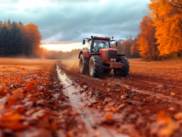 Un trattore rosso sta guidando lungo una strada bagnata e fangosa lungo un campo generato da ai