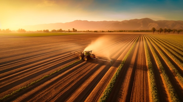 Un trattore spruzza un campo agricolo con fertilizzante in una vista del drone serale al tramonto Illustrazione dell'IA generativa