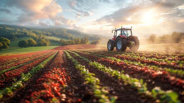 un trattore sta arando un campo con il sole che splende all'orizzonte