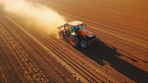 un trattore sta arando un campo con polvere e polvere