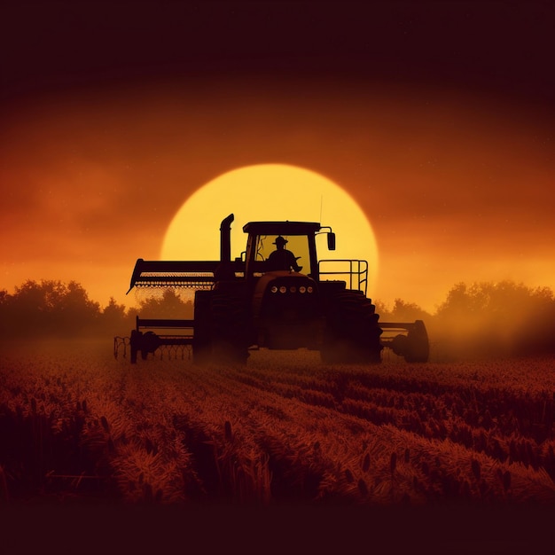un trattore sta guidando attraverso un campo con il sole dietro di sé.