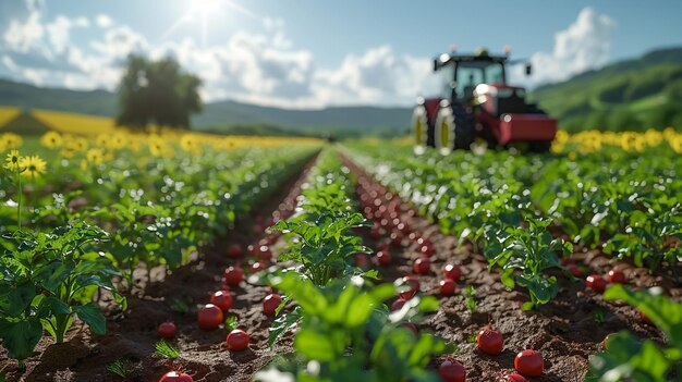 un trattore sta guidando attraverso un campo di pomodori