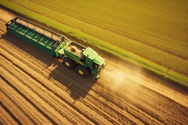 Un trattore verde attraversa un campo con un campo verde sullo sfondo.