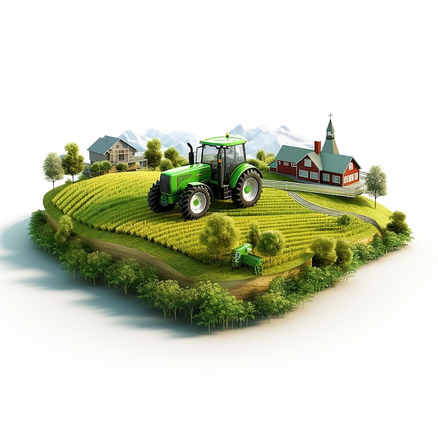 un trattore verde è su una collina con una fattoria sullo sfondo