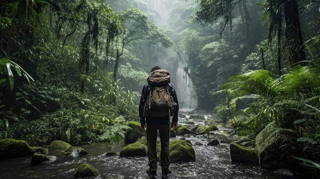 Un trekker nella foresta pluviale sotto la pioggia con difficoltà