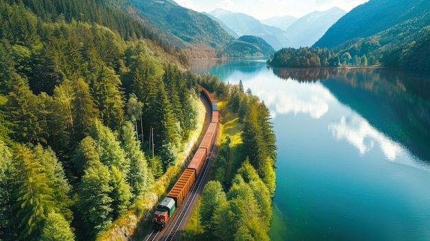 Un treno attraversa una fitta foresta verde vibrante circondata da alti alberi e fogliame lussureggiante