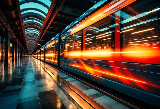 Un treno che attraversa velocemente un tunnel