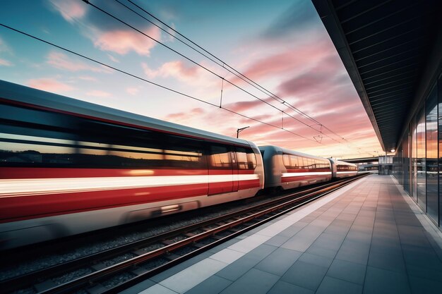 Un treno che passa davanti a una stazione ferroviaria Effetto sfocamento da un treno in rapido movimento Focalizzazione selettiva Trasporto ad alta velocità