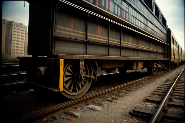 Un treno che viaggia lungo i binari del treno accanto a un edificio alto