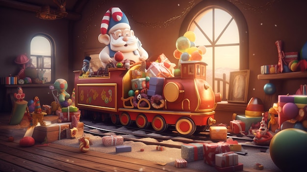 Un treno con Babbo Natale sopra e un albero di Natale sullo sfondo.