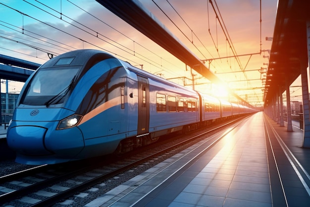 Un treno è sui binari al tramonto