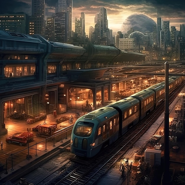 Un treno è sui binari davanti a un paesaggio urbano.