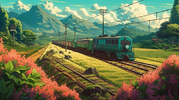 Un treno è sui binari davanti a una montagna.