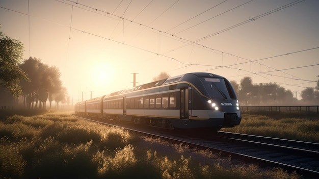 Un treno è sui binari in un campo con il sole che splende su di esso.