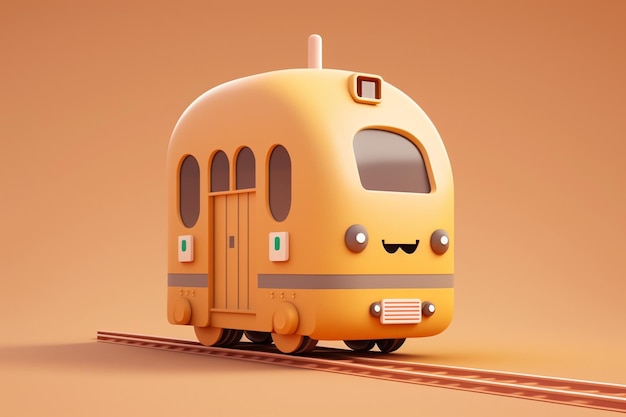 Un treno giallo con una faccia da cartone animato con un sorriso sul davanti.