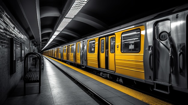 Un treno giallo è parcheggiato in una stazione della metropolitana.