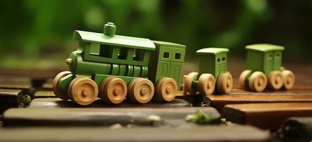 Un treno giocattolo verde seduto sopra un tavolo di legno AI generativa