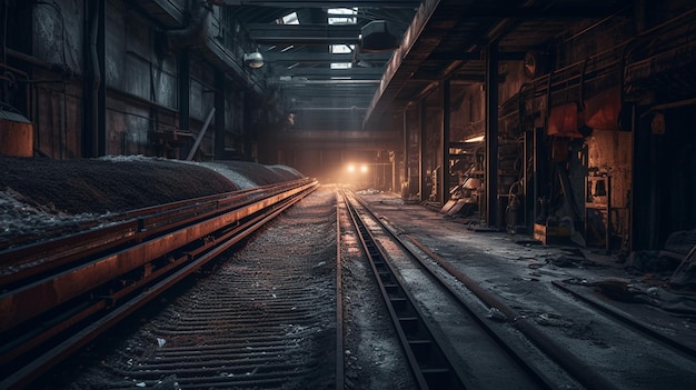 Un treno in un buio edificio abbandonato con una luce proveniente dall'alto.