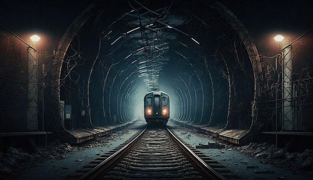 Un treno in un tunnel con una luce sul fondo