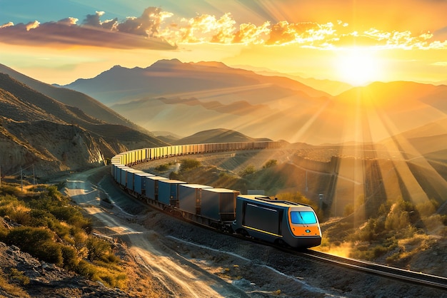 Un treno merci attraversa una montagna remota passa i suoi container di carico che gettano ombre sotto un oro