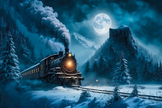 Un treno nella neve con la luna piena alle spalle.