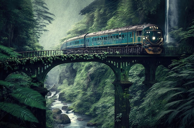 Un treno passa sopra un ponte Una foresta pluviale tutt'intorno Ffeefbbbgigapixelstandardscale X Generative AI