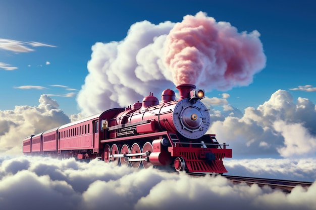 Un treno rosa che viaggia attraverso un cielo blu nuvoloso Fumo dal camino di una locomotiva retrò