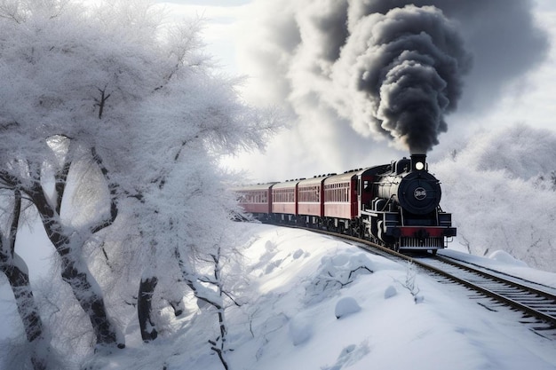 un treno scende lungo i binari nella neve.