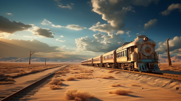 Un treno scivola attraverso un paesaggio desertico sotto un cielo nuvoloso drammatico
