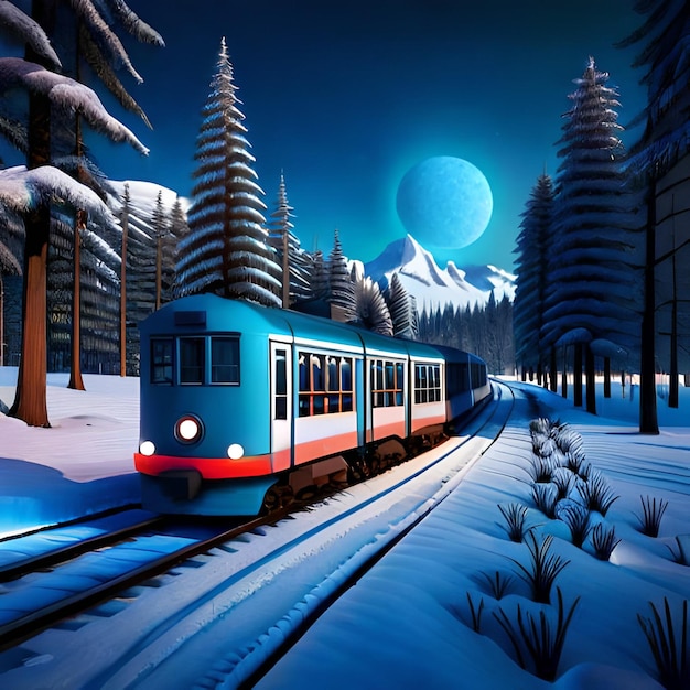 Un treno sta attraversando un bosco innevato con un cielo azzurro e la luna sullo sfondo.