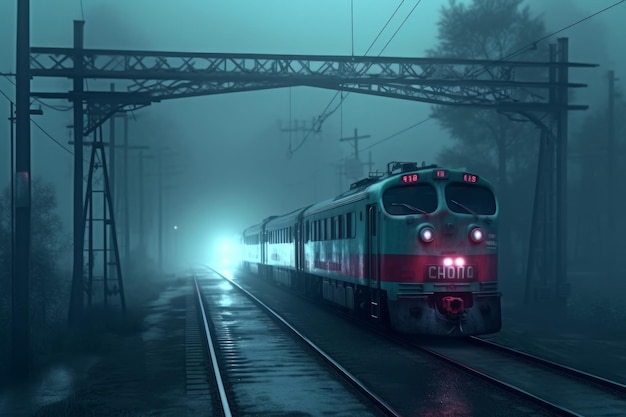 Un treno sta attraversando una notte nebbiosa.