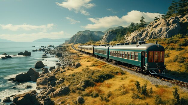 Un treno sta viaggiando lungo i binari vicino all'immagine generativa ai dell'acqua