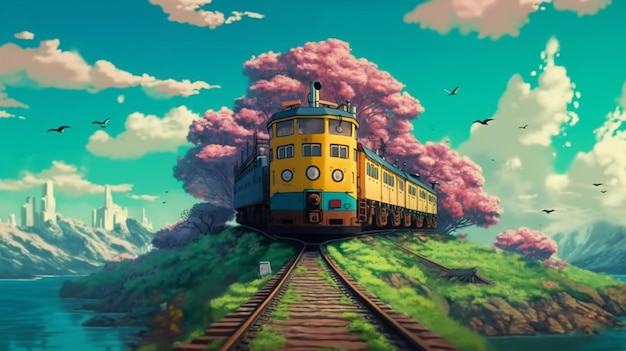 Un treno su un binario con un albero rosa sullo sfondo.