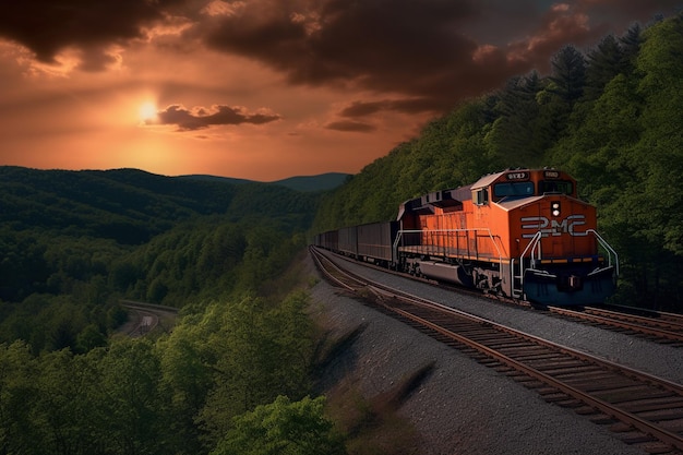 Un treno su un binario con un tramonto sullo sfondo