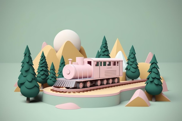 Un treno su un binario con una montagna e una foresta sullo sfondo