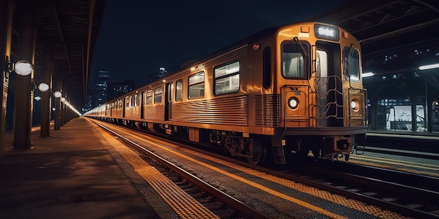 Un treno su un binario di notte immagine ai generativa