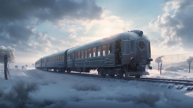 Un treno su un binario innevato con un cielo nuvoloso sullo sfondo.