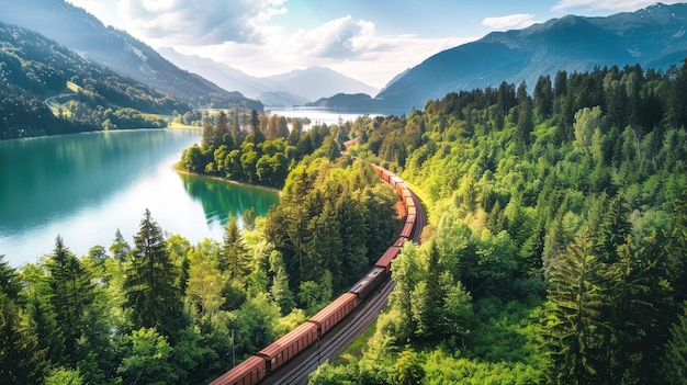 Un treno viaggia lungo i binari attraverso una fitta foresta verde