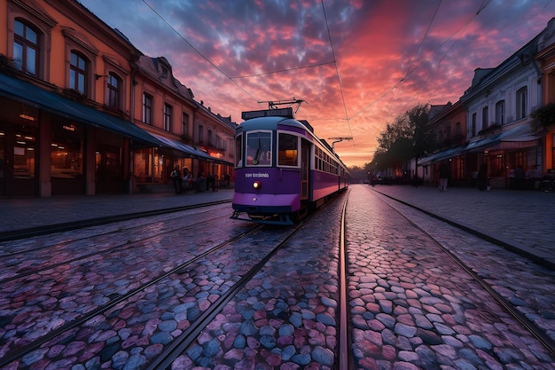 Un treno viola è sui binari davanti a un tramonto colorato.