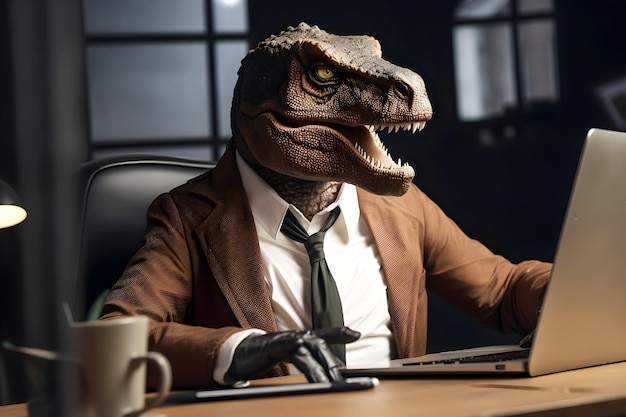 Un trex che lavora al suo laptop in un'illustrazione generativa ai dell'ufficio