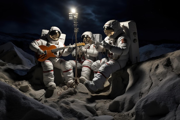 un trio di astronauti che fanno musica sulla superficie lunare