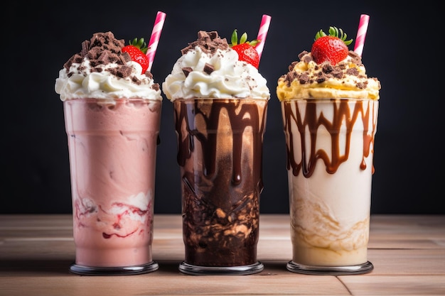 Un trio di bicchieri da milkshake caratterizzati da diversi gusti cioccolato vaniglia e fragola