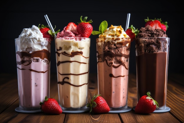 Un trio di bicchieri da milkshake caratterizzati da diversi gusti cioccolato vaniglia e fragola